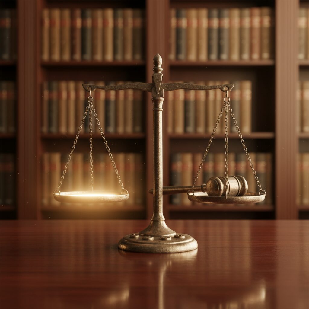 天秤と木製の法廷机のイメージ画像。不起訴処分と社会復帰を象徴する光の演出。