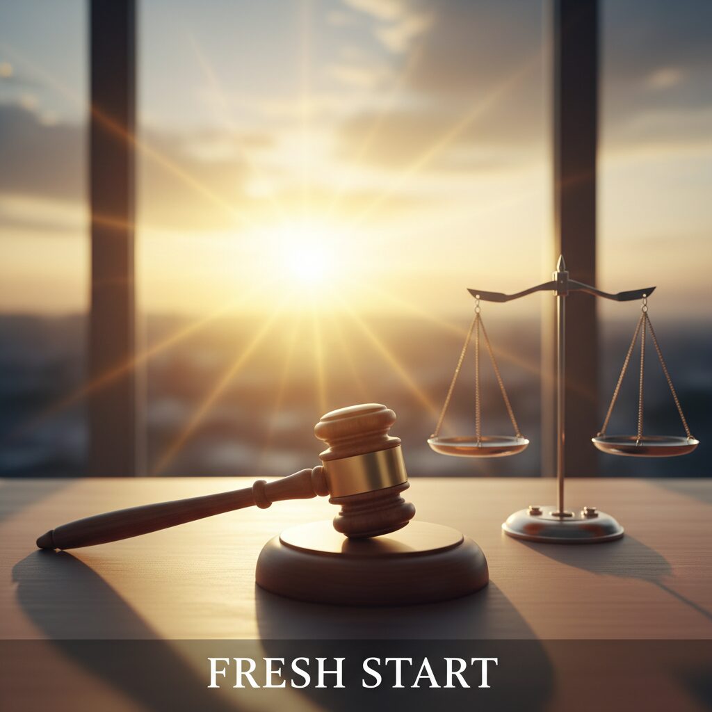 裁判所のハンマーと、窓から差し込む希望の光をイメージしたアイキャッチ画像