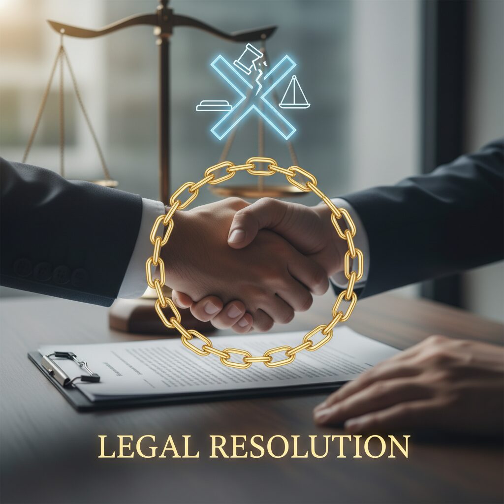 天秤と握手、書類が並ぶ法的な示談交渉のイメージ画像