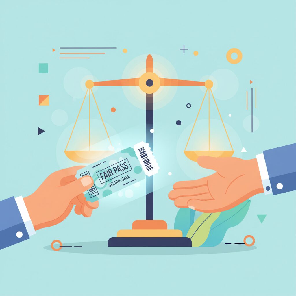 正当なチケット売買を象徴するデジタルチケットと天秤のイラスト