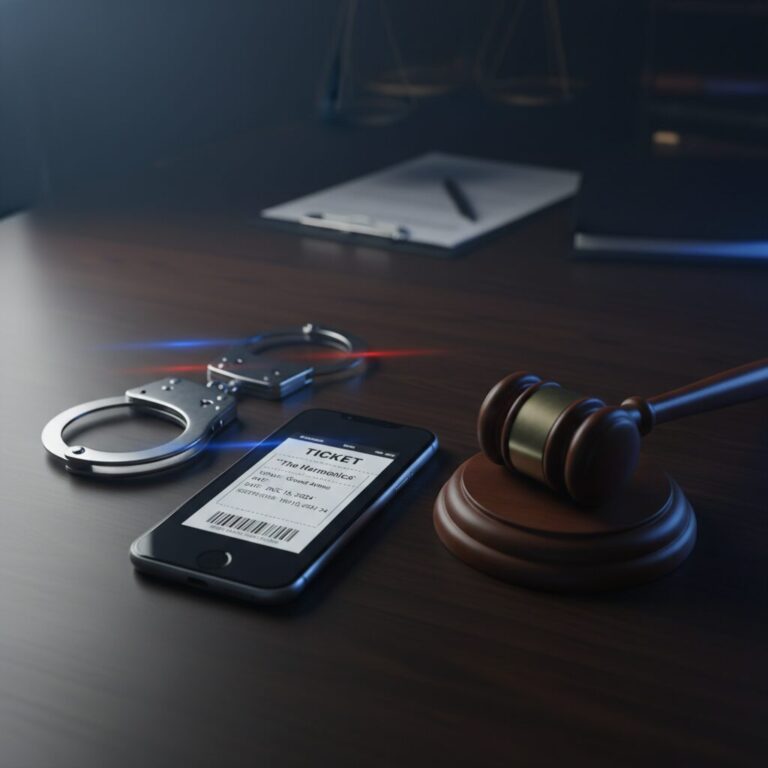 コンサートチケットと手錠、そして法律を象徴する裁判槌が置かれたデジタルデバイスのイメージ