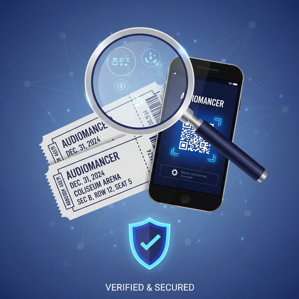 チケットと虫眼鏡、セキュリティチェックをイメージしたイラスト