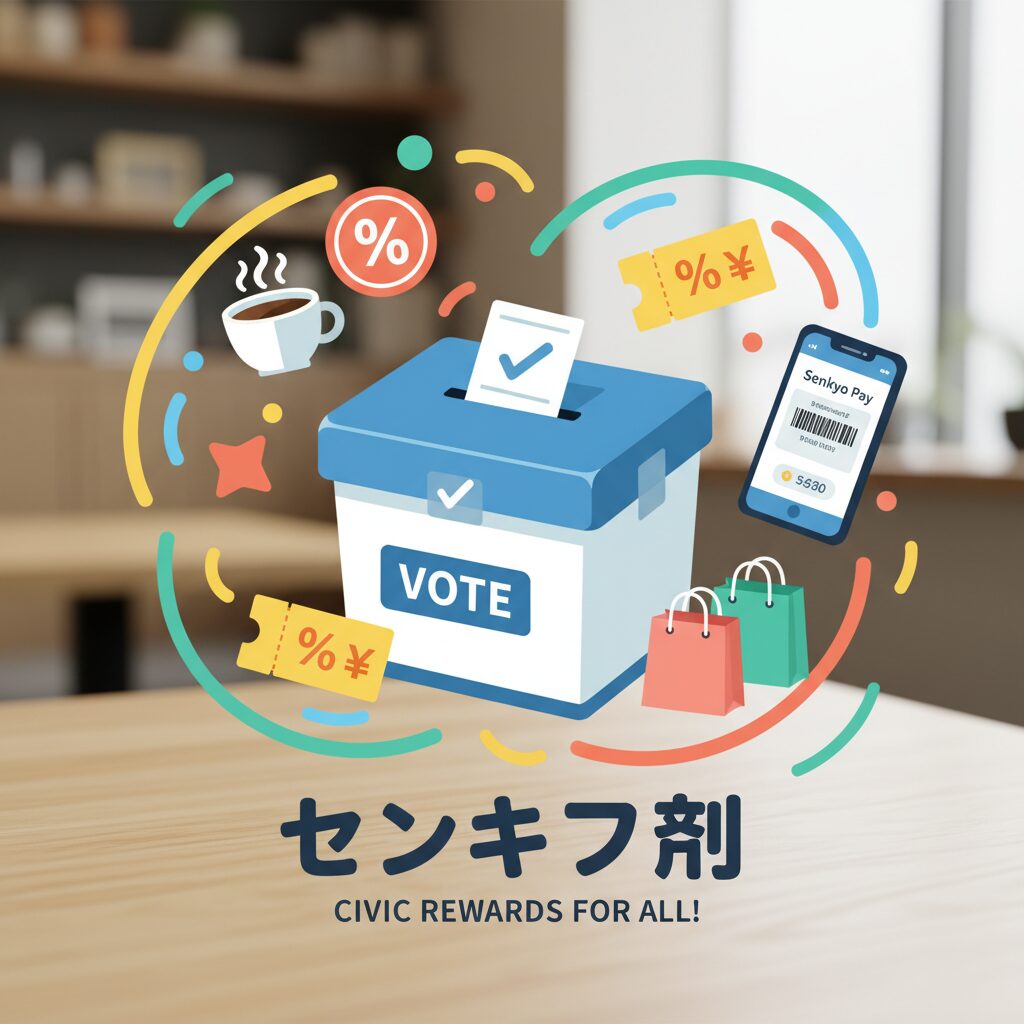 投票箱とカラフルな割引クーポンや美味しそうな料理が並び、社会参加と楽しみが融合した様子を描いたイラスト