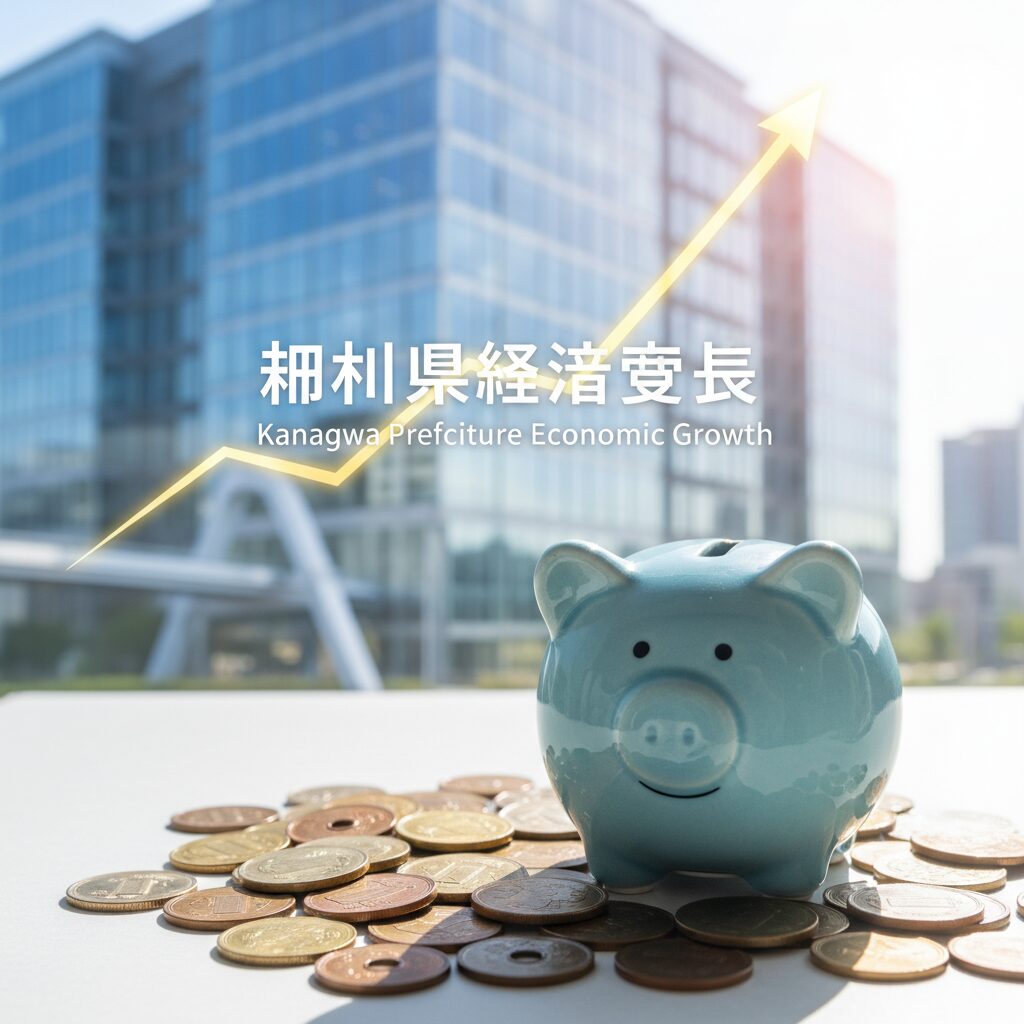 Japanese Yen coins and a modern office building in Kanagawa Prefecture, symbolizing the minimum wage increase.