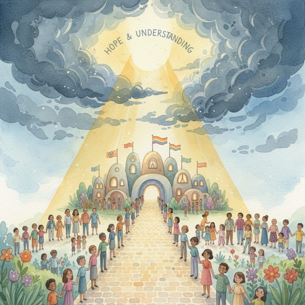 希望の光が差し込む穏やかな風景と、理解し合う人々の象徴的なイラスト