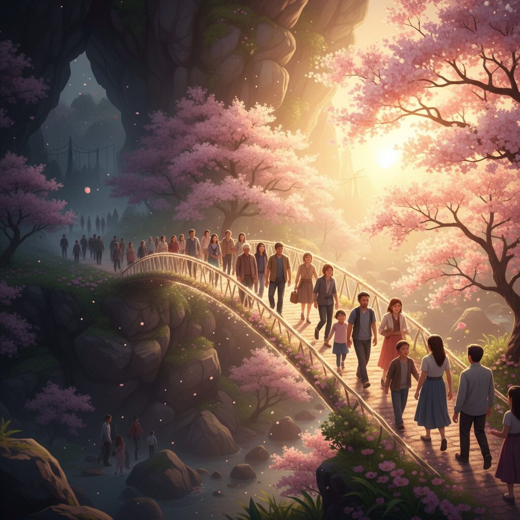 暗い過去から明るい未来へと続く橋を歩く多様な人々のイラスト。周囲には希望を象徴する桜と新緑が広がっている。