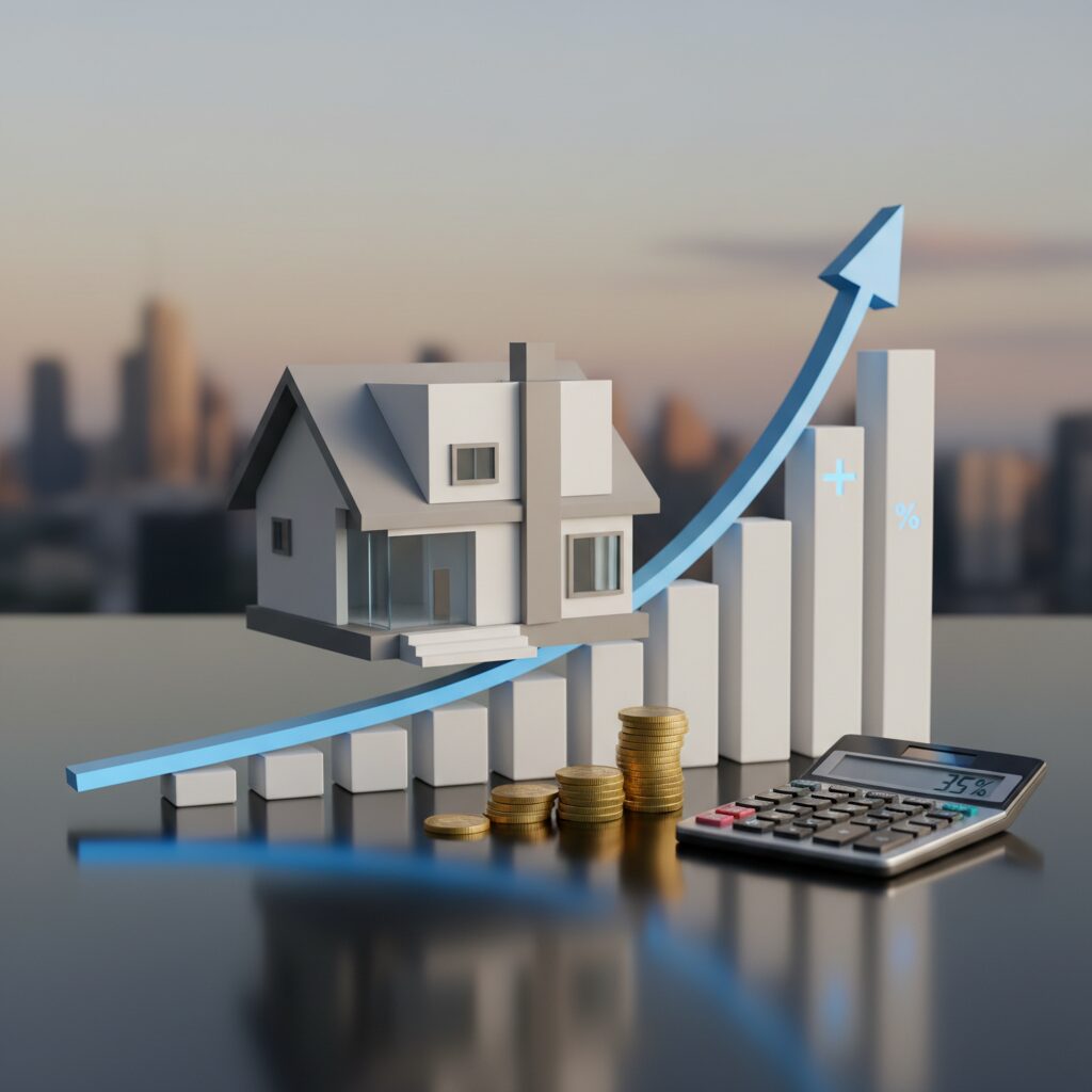 上昇するグラフと家の模型、計算機が置かれた住宅ローンの金利検討をイメージした画像