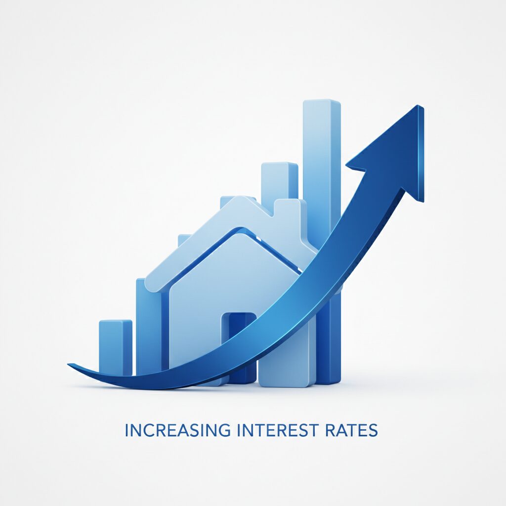 住宅ローンの金利上昇を示す上昇矢印と家のアイコン、背景に金融チャートが描かれたクリーンなイメージ画像。
