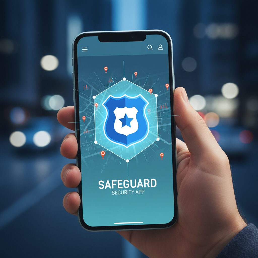 警視庁の防犯アプリ「デジポリス」をイメージした、スマートフォンと守護シールドのグラフィック