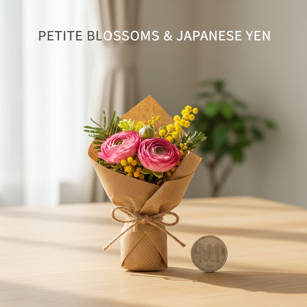 様々な色の花が束ねられた可愛らしいミニブーケと500円硬貨が置かれたテーブルの風景