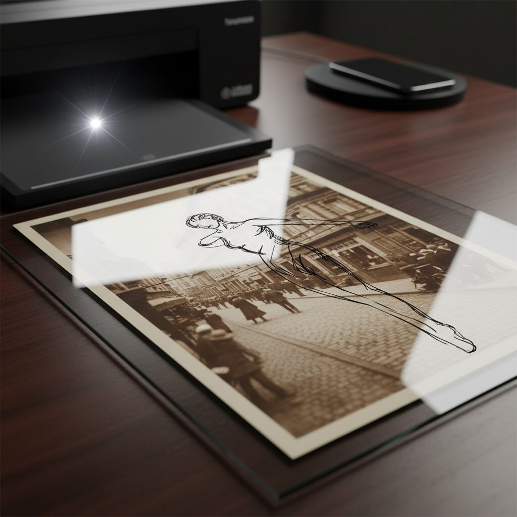 無反射ガラスを使い、光の反射を抑えて鮮明にスキャンされる写真や書類のイメージ。透明感とプロフェッショナルな機材感が伝わるデザイン。