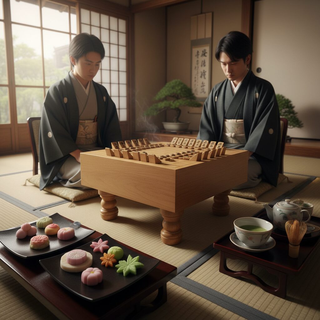 叡王戦の対局場をイメージした、将棋盤とおしゃれに並べられたおやつのティーセット