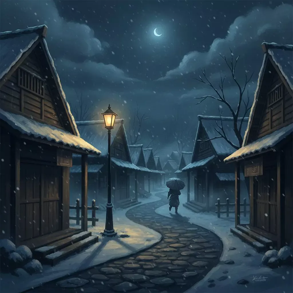 夜の雪道を照らす街灯と静まり返った日本の住宅街のイメージ