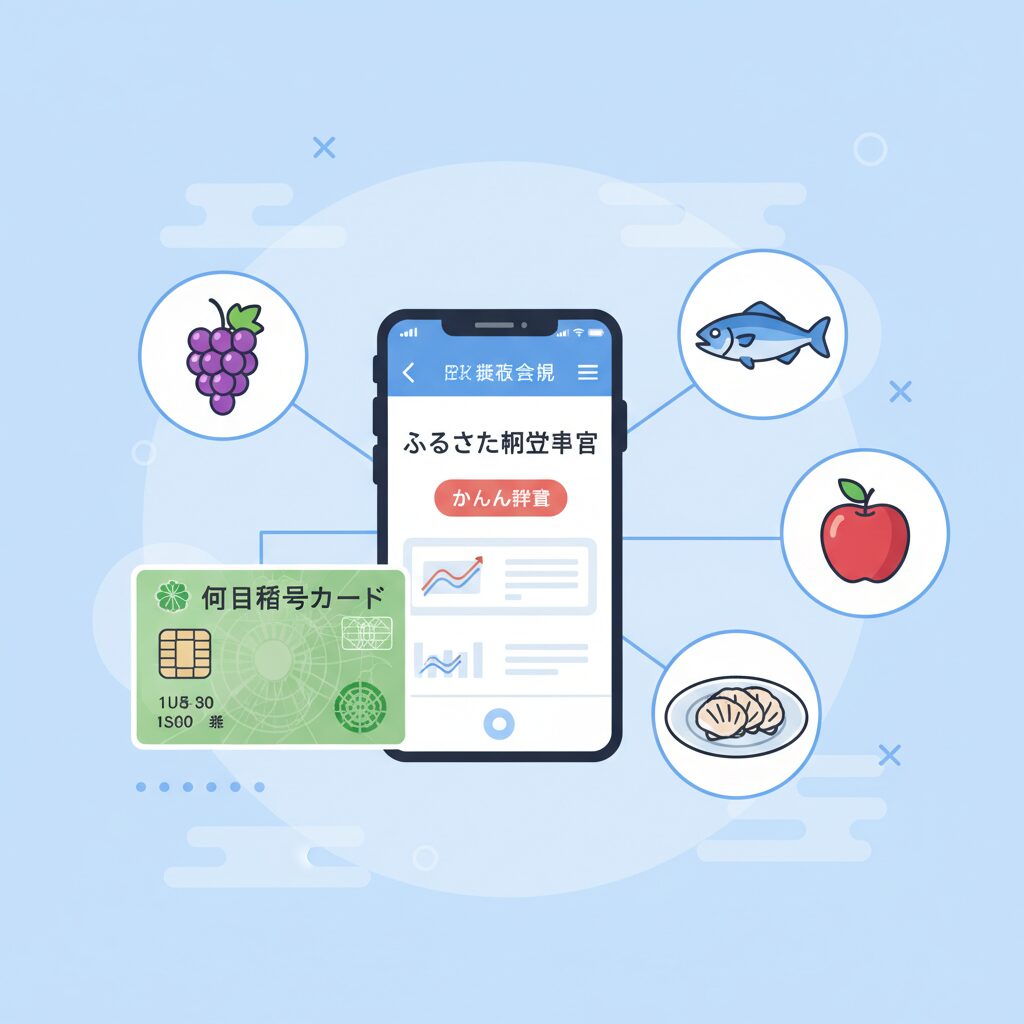 楽天ふるさと納税の確定申告とスマホ、マイナンバーカードをイメージしたイラスト