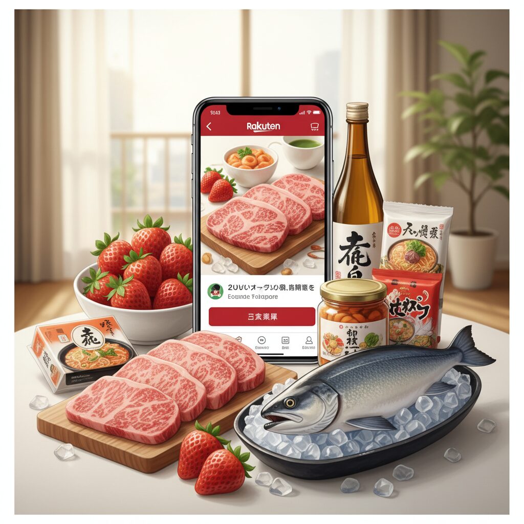 楽天ふるさと納税のスマートフォンアプリと豪華な返礼品のイメージ図。ポイント制度の変更を象徴する清潔感のあるデザイン。