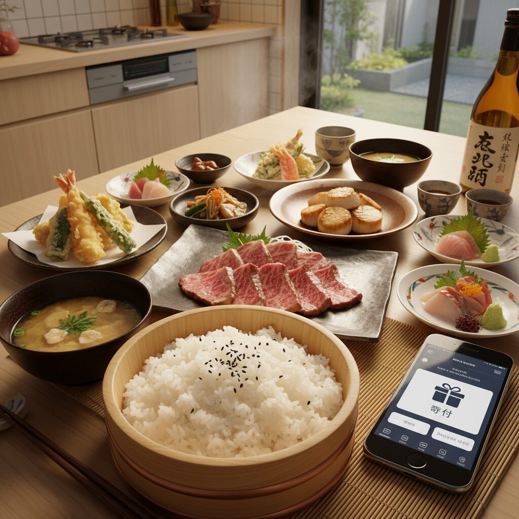 楽天ふるさと納税の返礼品として人気の肉、海鮮、お米が並んだ食卓とスマートフォンのイメージ