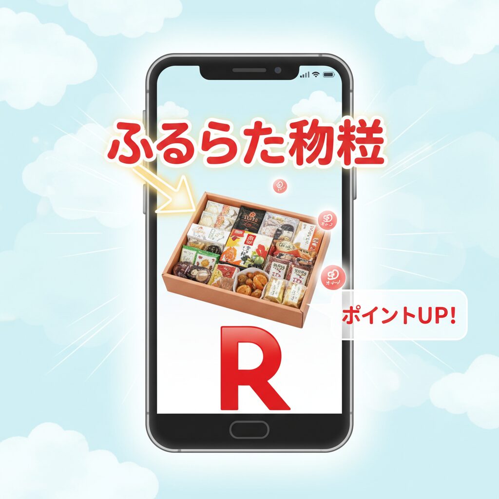 楽天ふるさと納税のロゴとスマートフォンで寄付手続きをする様子のイラスト