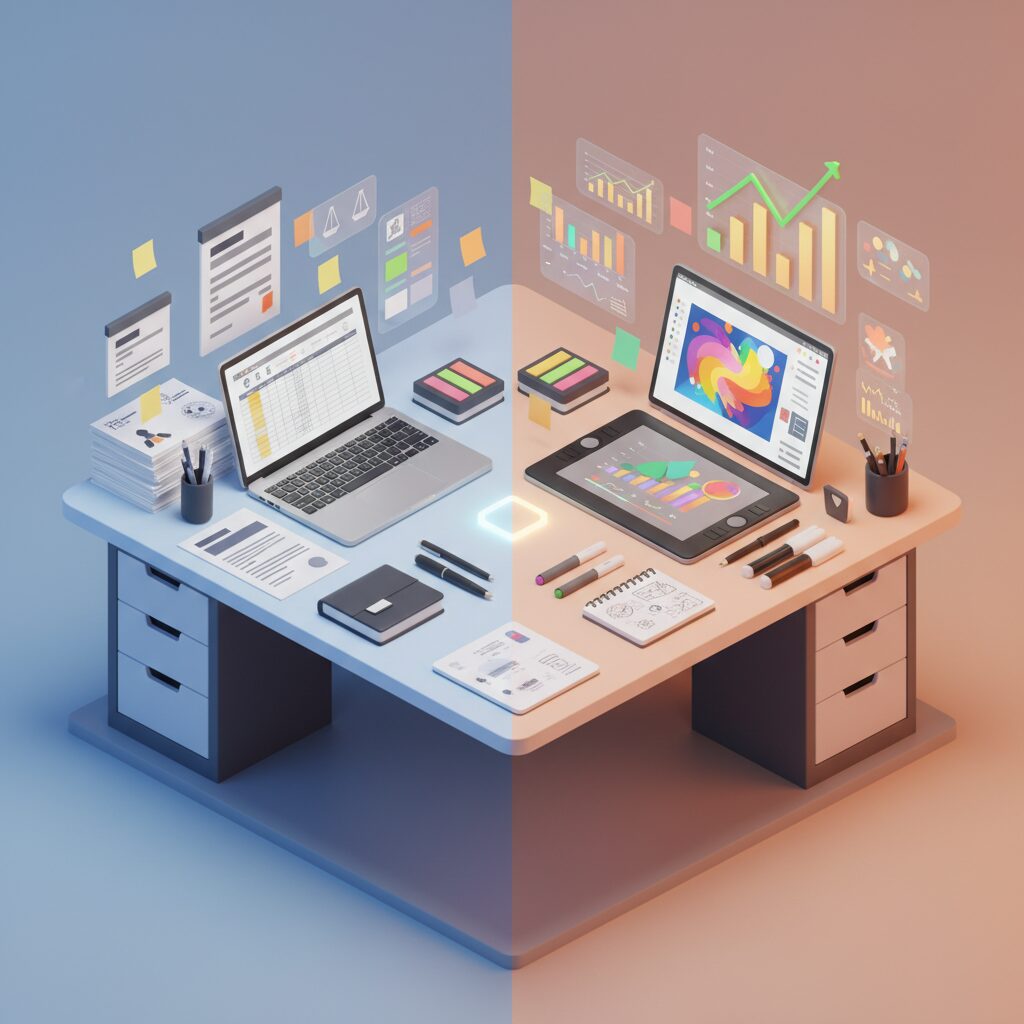 A divided office desk illustrating the balance between main work and side business with modern gadgets and documents.