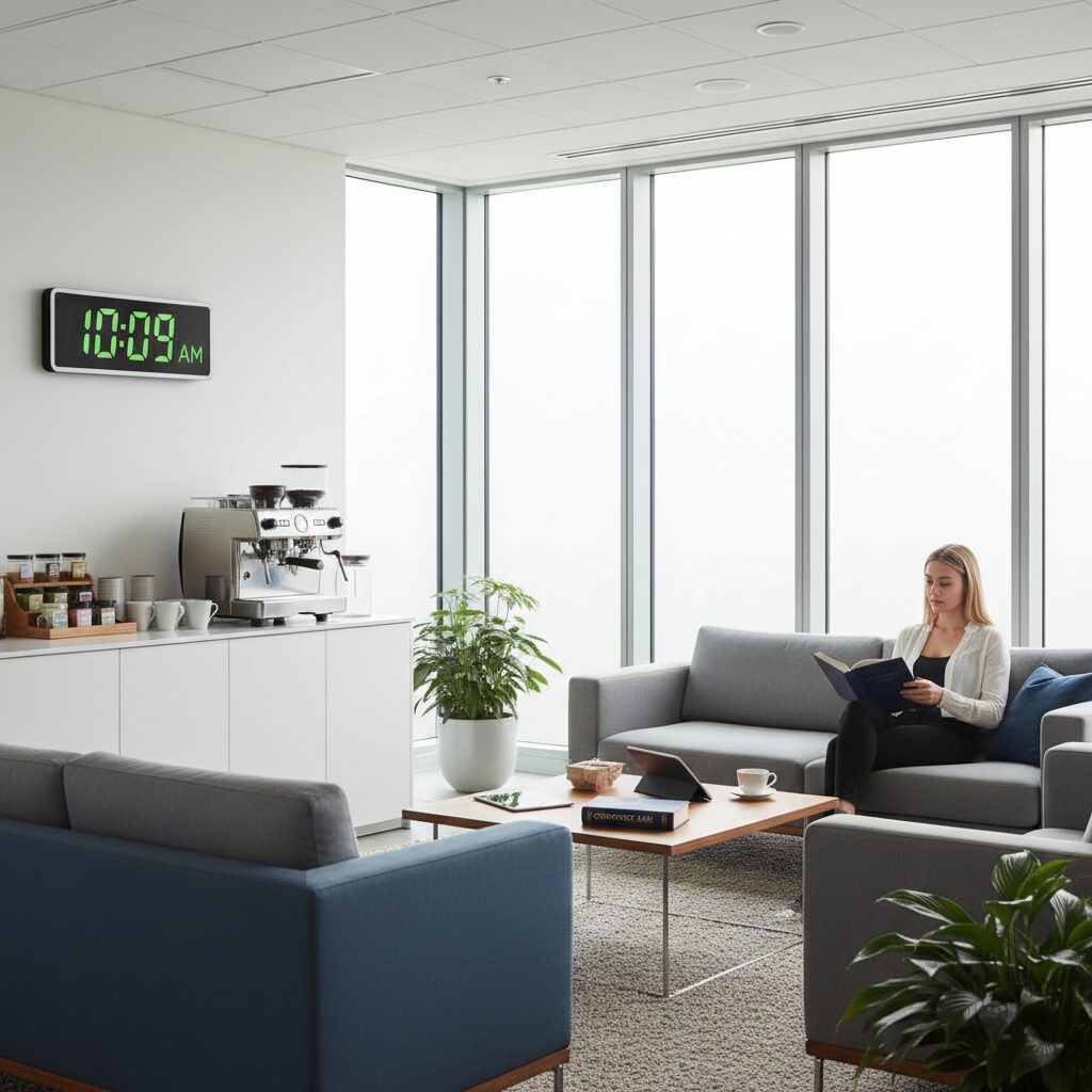 オフィスのリラックスできる休憩スペースの風景。窓から光が差し込み、穏やかな時間が流れているイメージ。