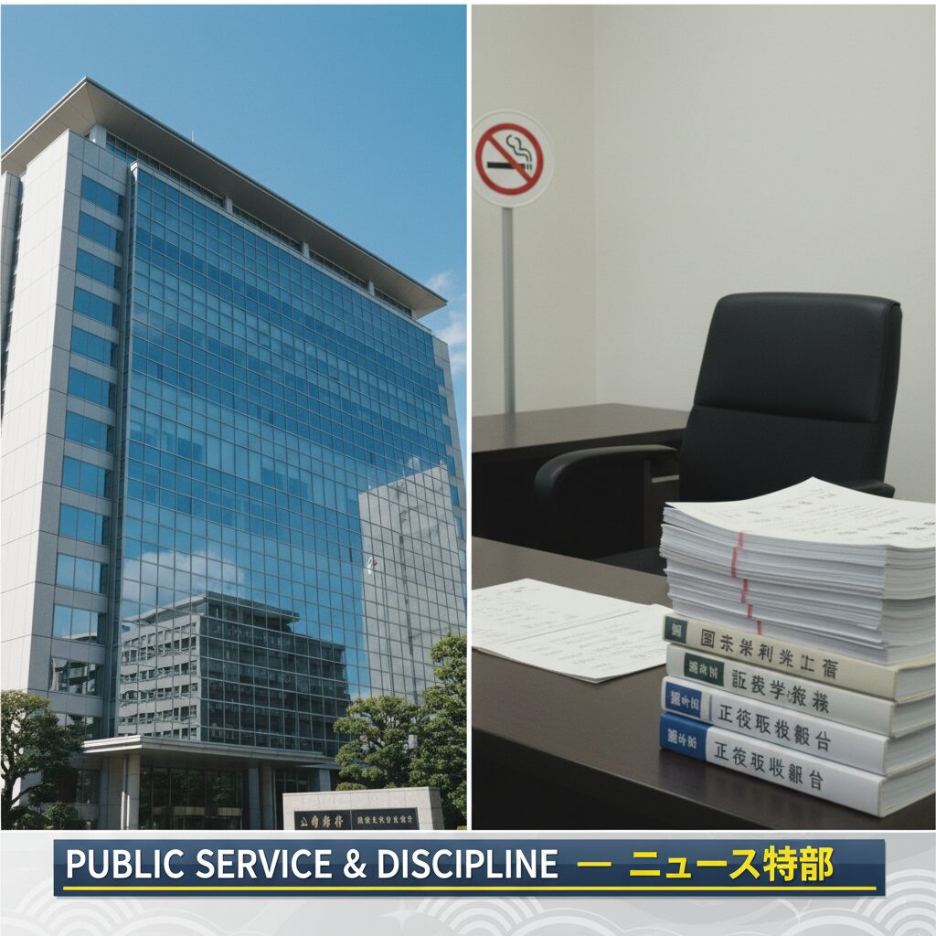 日本の公務員事務所の椅子と禁煙マーク、背後に庁舎のビルが描かれたアイキャッチ画像