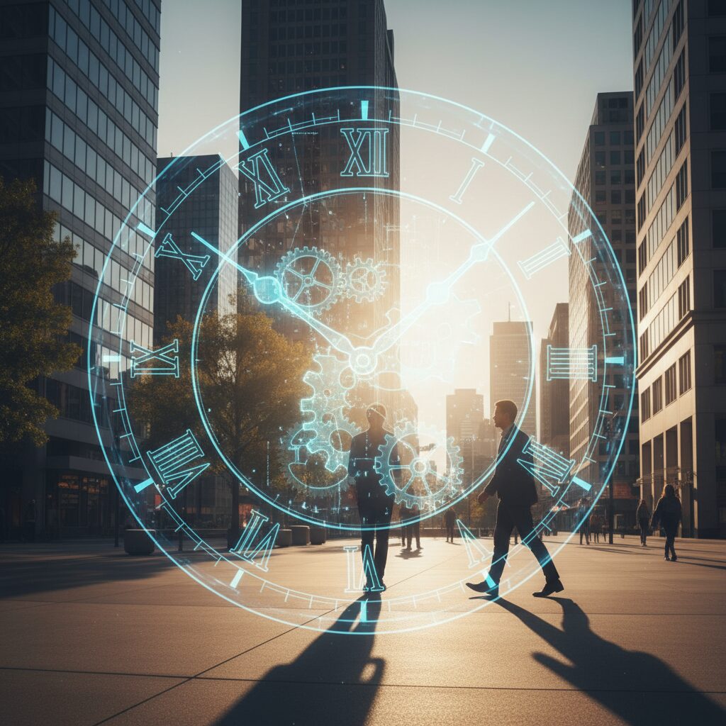 オフィス街を移動するビジネスパーソンの後ろ姿と時計のイメージ画像