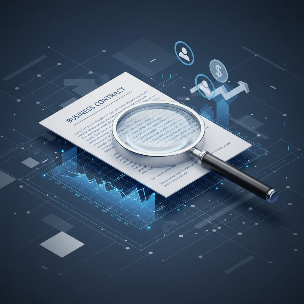 Corporate stock market growth and TOB concept illustration with a magnifying glass and financial charts.