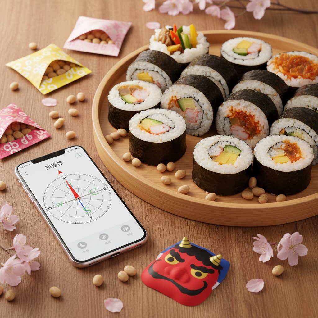 2026年の恵方である南南東を向いて恵方巻を食べる準備が整った、華やかな節分の食卓の様子。