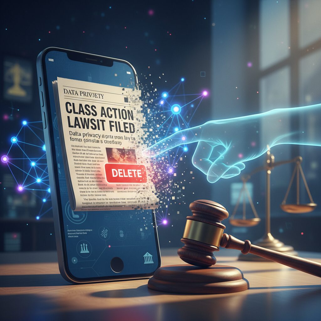 逮捕報道のデジタル記事をスマートフォンで削除しようとするイメージ。法的な木槌とネットワークが背景にある。