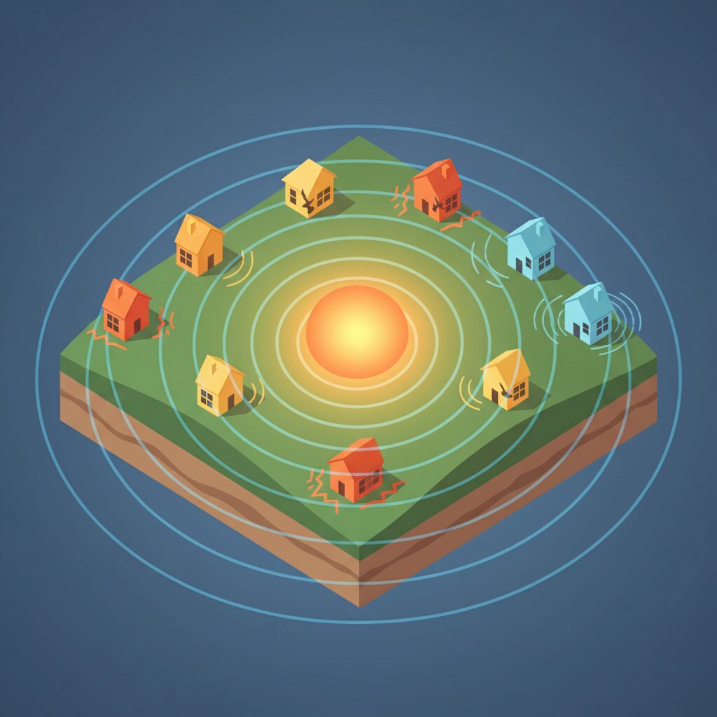 地震の規模を示すマグニチュードと揺れの強さを示す震度の違いを概念的に表した図解イラスト