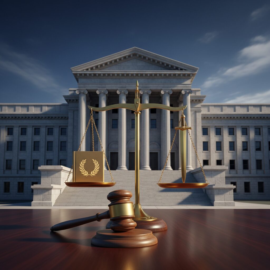 裁判所の建物と法廷のシンボルである槌、天秤が描かれたプロフェッショナルなイメージ