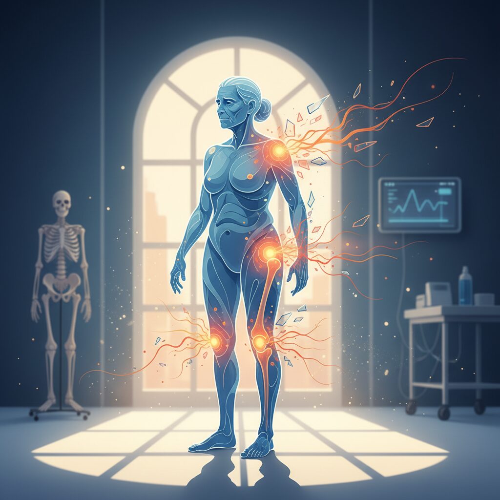 朝の光の中で肩や腰の痛みに悩む高齢者のイメージ図。リウマチ性多発筋痛症の象徴的なシーン。