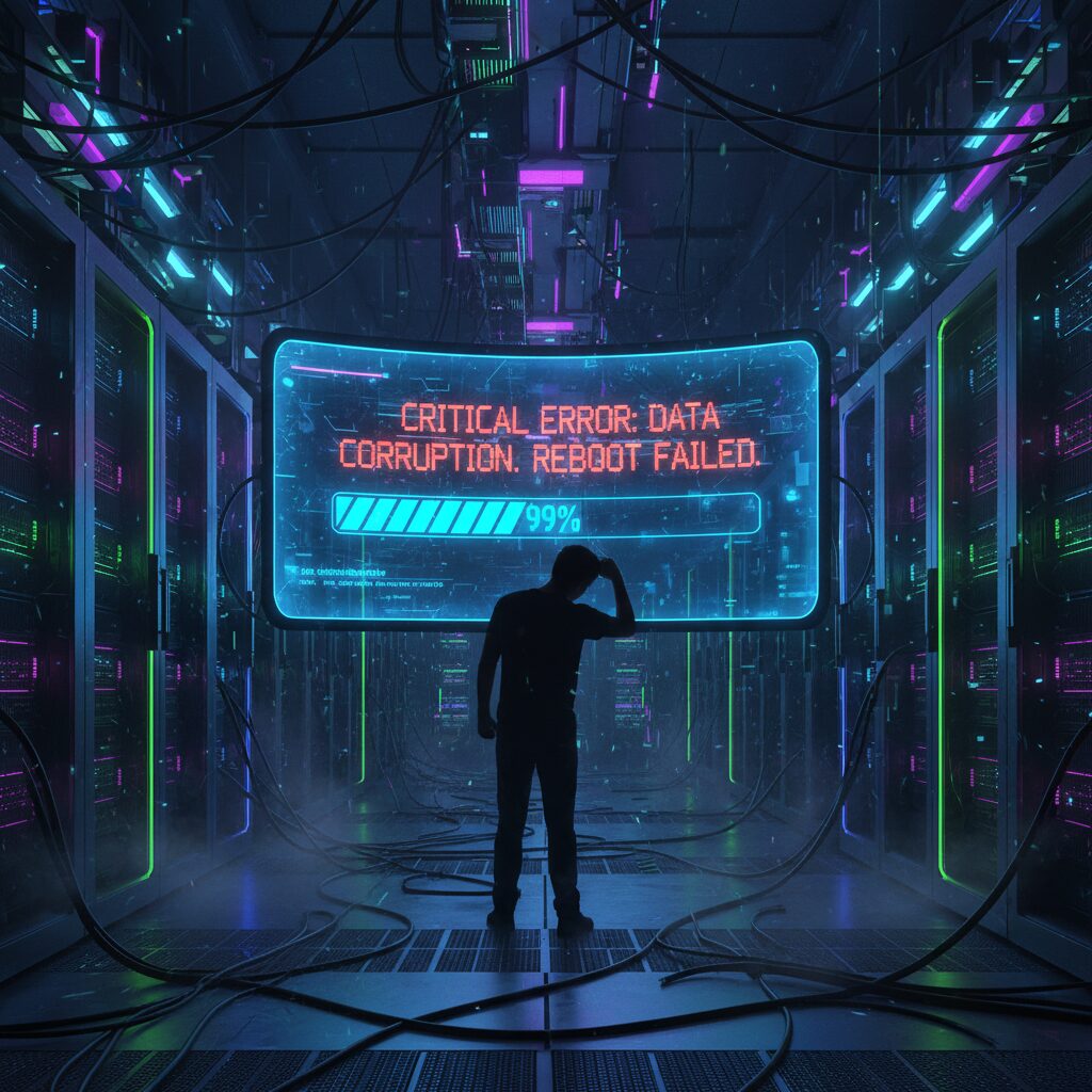 メンテナンス延長で途方に暮れるユーザーとサーバーエラーのイメージ画像