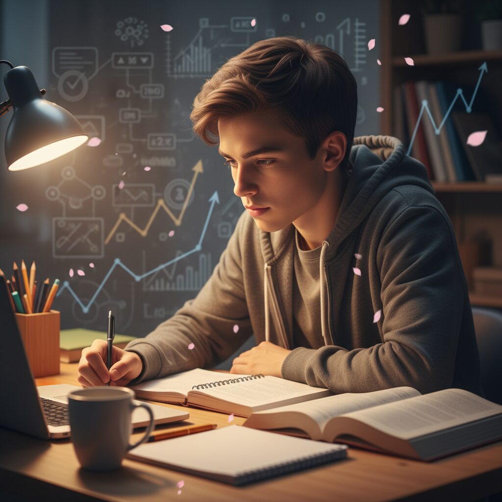 進路希望調査の倍率に悩む受験生が机に向かって勉強している様子