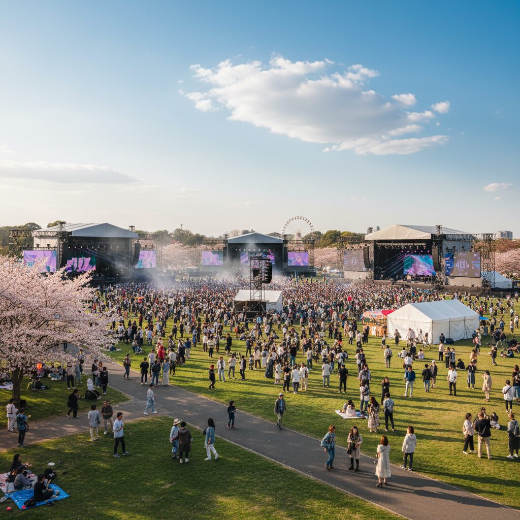 A vibrant outdoor music festival at Chiba City Soga Sports Park with a blue sky and modern stage setup.