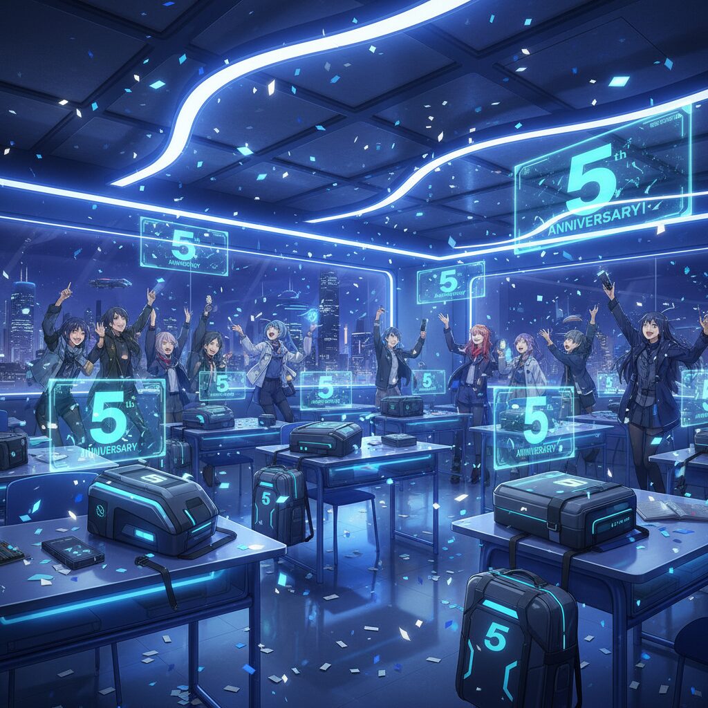 ブルーアーカイブ5周年を祝う華やかなデジタルサイネージとサイバーパンク風の教室のイメージ画像