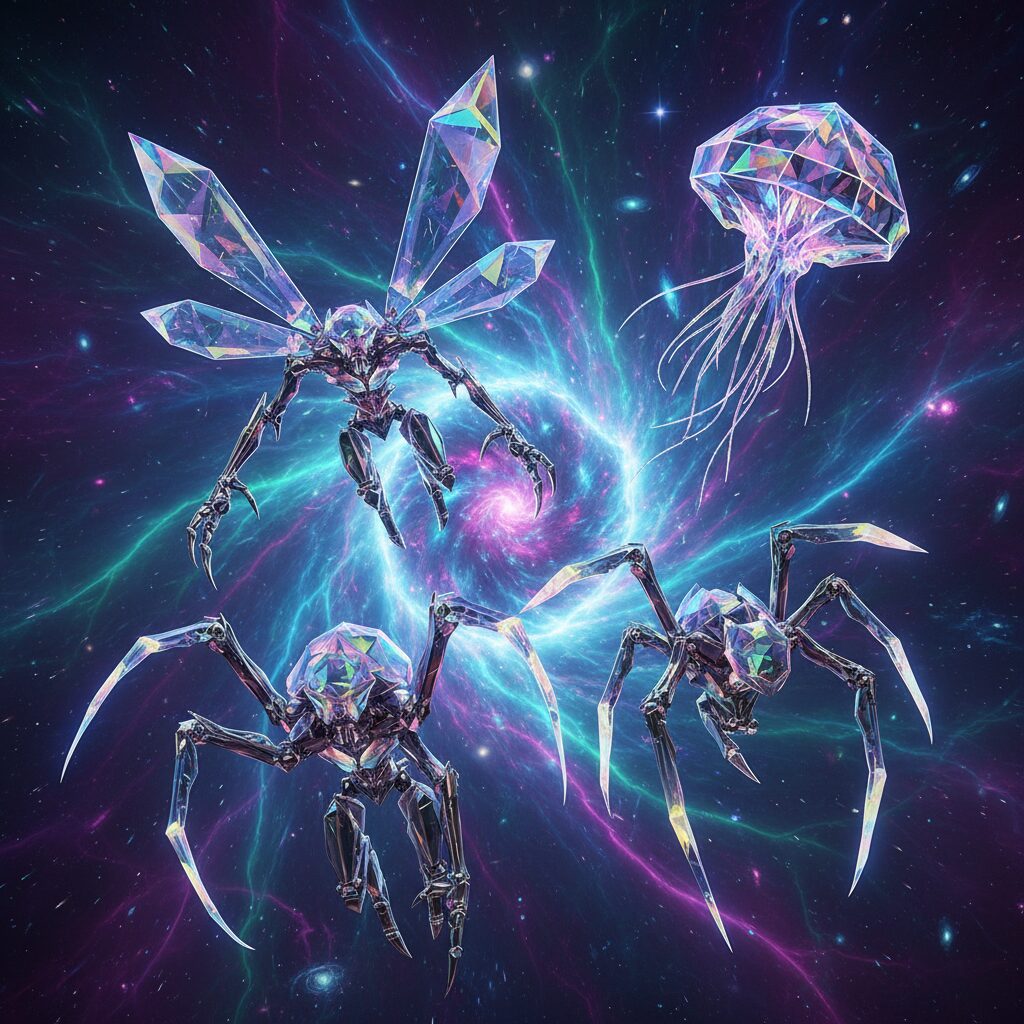 異次元の空間から現れる光り輝くウルトラビーストたちのシルエットイメージ