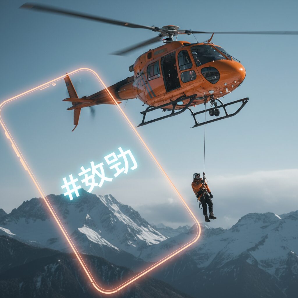 山岳地帯で救急ヘリコプターが救助活動を行っている様子とスマートフォンに表示された救助要請のハッシュタグ。