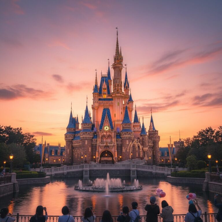 東京ディズニーリゾートのシンボルであるシンデレラ城が夕暮れ時に美しくライトアップされている様子。パークチケットの変動価格制を象徴するように、光と影が交差する幻想的な雰囲気。