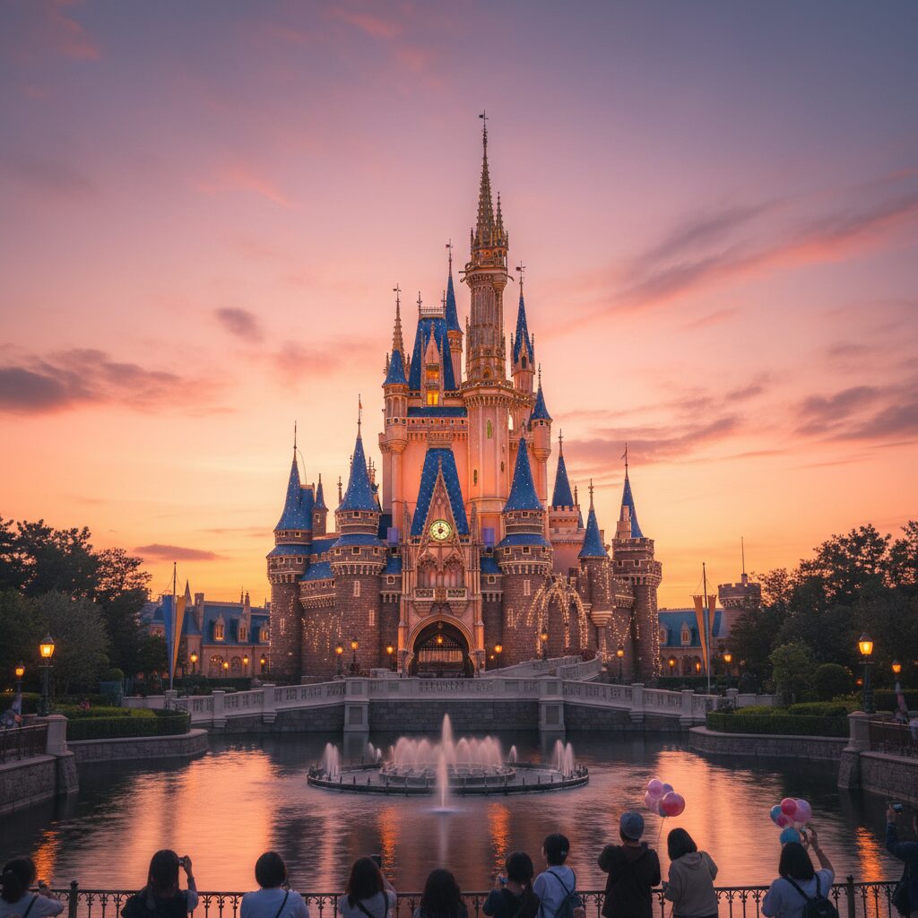 東京ディズニーリゾートのシンボルであるシンデレラ城が夕暮れ時に美しくライトアップされている様子。パークチケットの変動価格制を象徴するように、光と影が交差する幻想的な雰囲気。