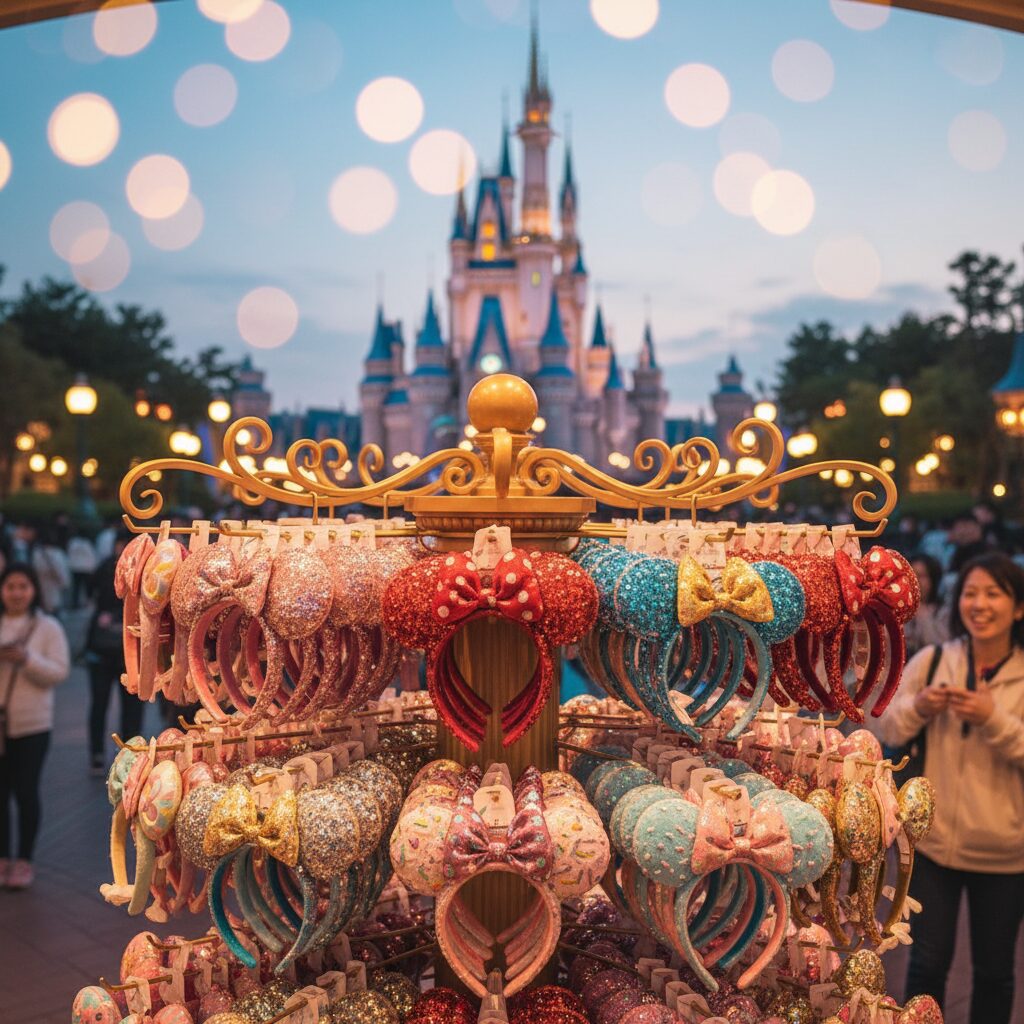 東京ディズニーランドのパーク内で様々な種類のカチューシャがディスプレイされている様子