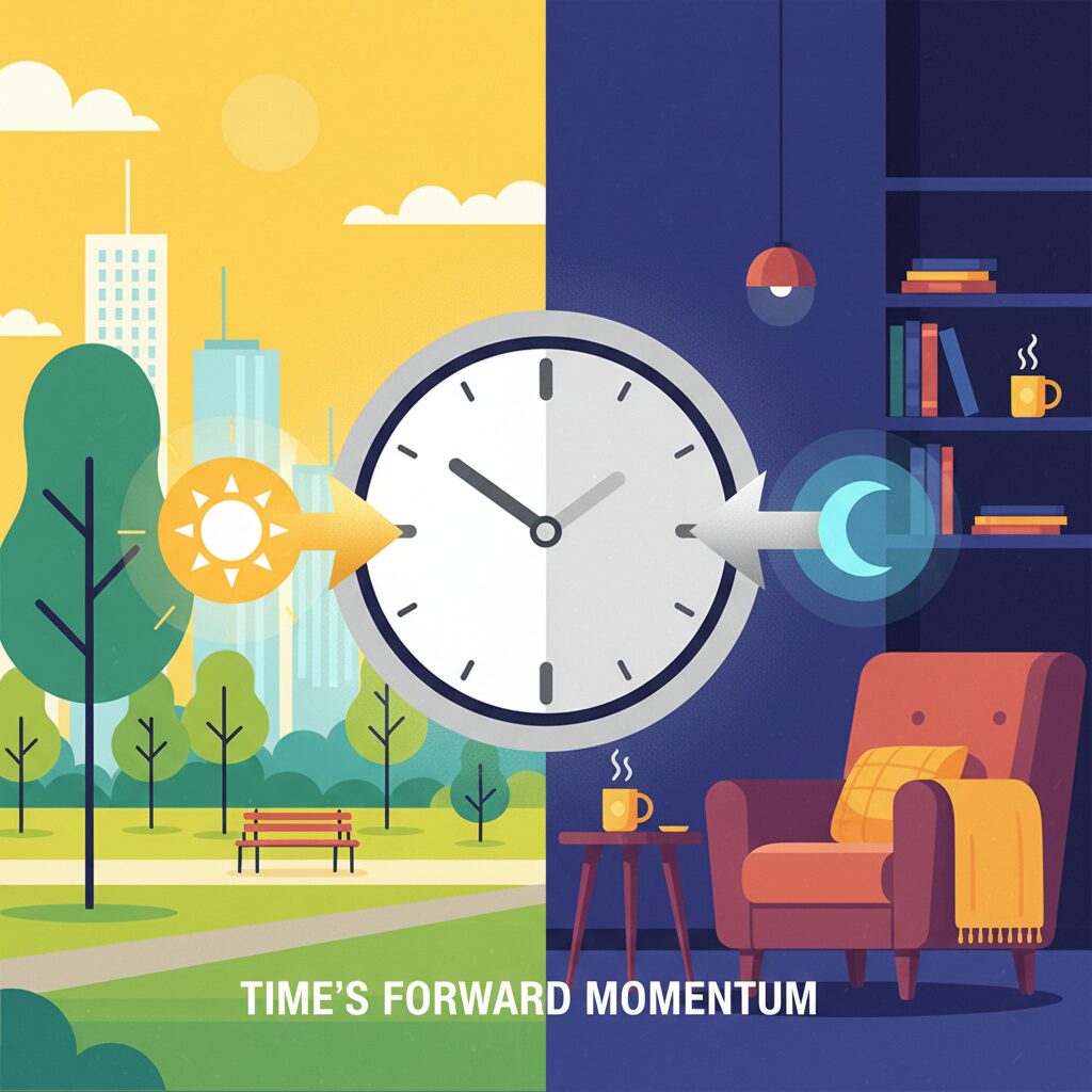 アメリカの時計と太陽、月をモチーフにしたサマータイムのイメージイラスト