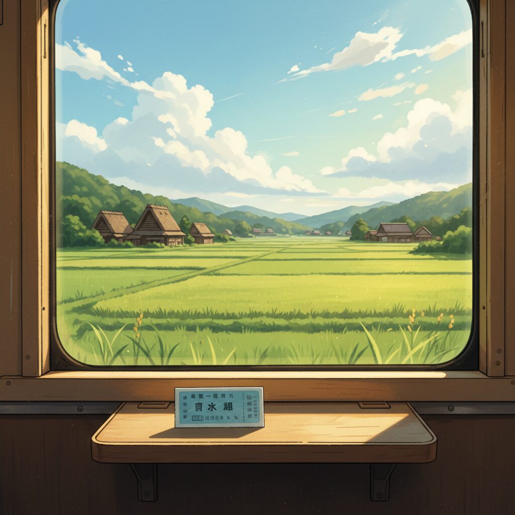 ローカル列車の車窓から見える日本の田園風景と青春18きっぷをイメージしたビジュアル
