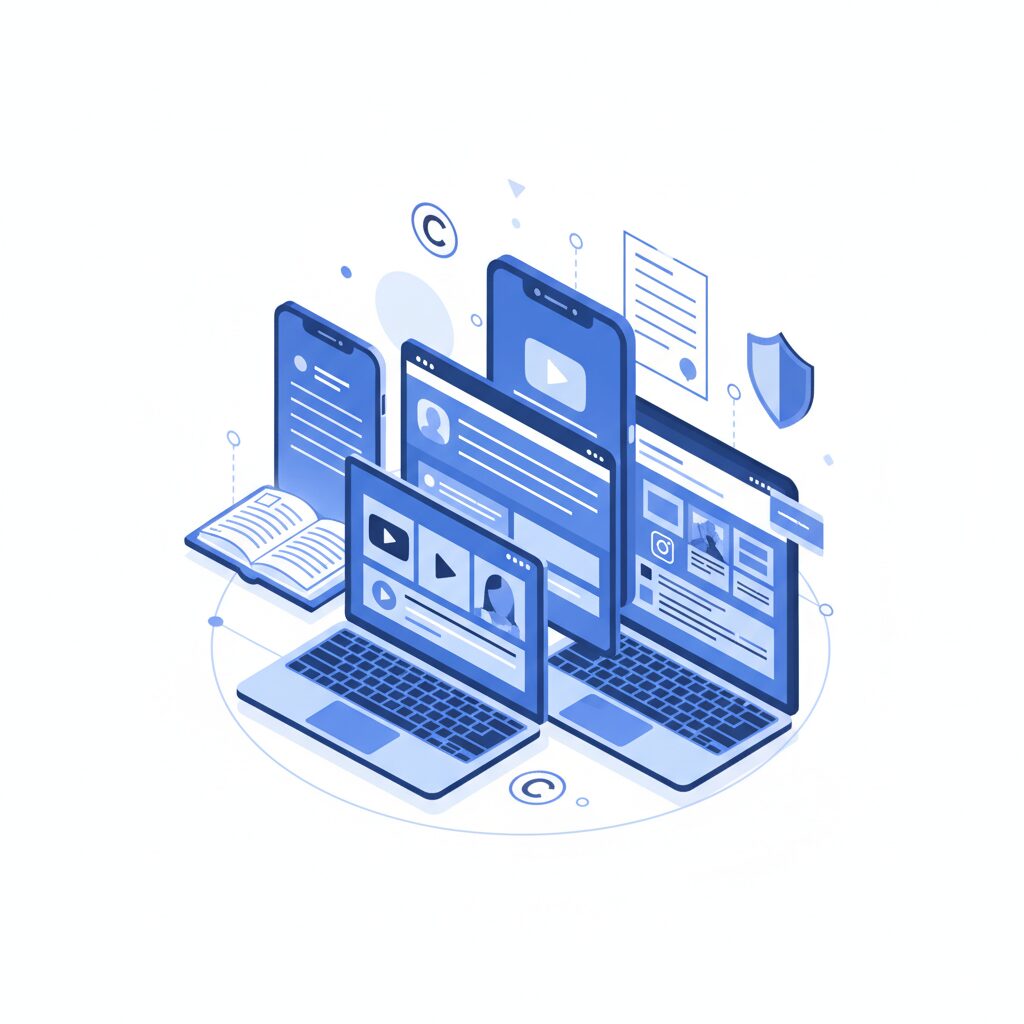 様々なデバイスに映し出される動画プラットフォームと法的なルールを象徴するイメージ画像