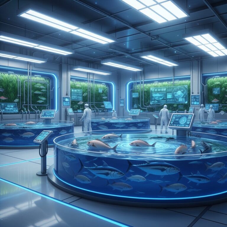 ハイテクな屋内養殖施設で泳ぐ魚たちと持続可能な水産業をイメージした画像