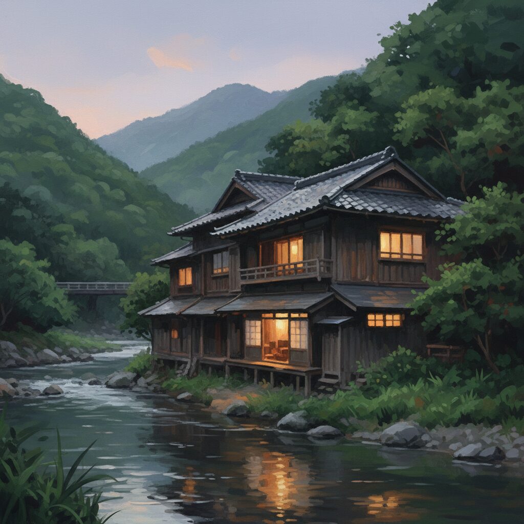 雪景色の山間に佇む、歴史を感じさせる古い木造の日本の宿。窓から漏れる暖かいオレンジ色の光が幻想的な雰囲気を出している。