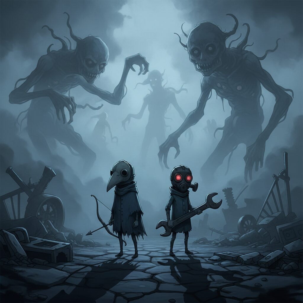 リトルナイトメア3の不気味な世界で鏡を見つめるロウとアローンのイラスト