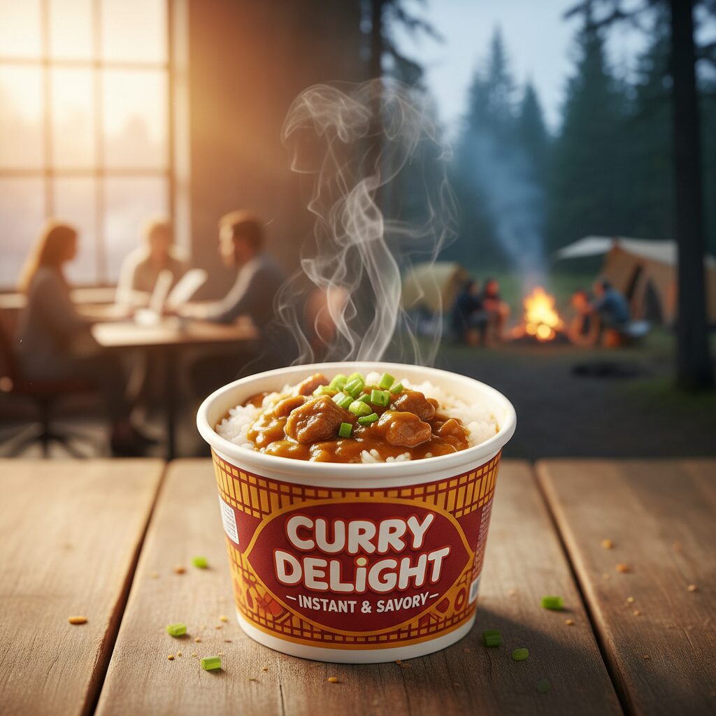 湯気が立ち上る美味しそうなカレーメシのカップと活気ある背景のイメージ画像