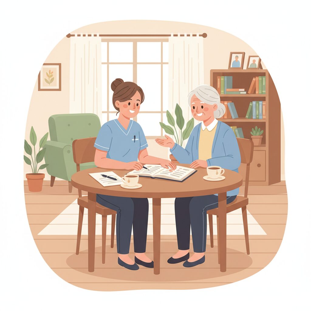 要介護3の高齢者とケアマネジャーが明るい部屋で笑顔で相談しているイラスト