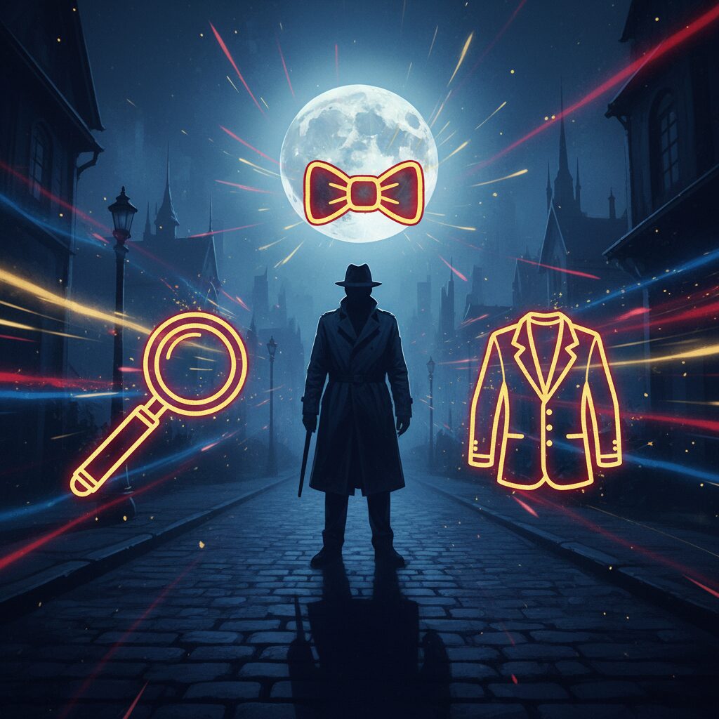 名探偵コナンの劇場版シリーズを象徴する探偵のシルエットとミステリアスな夜の街並みのイラスト