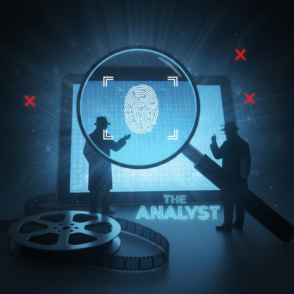 劇場版名探偵コナンの映画フィルムと虫眼鏡をモチーフにしたデジタルガジェットのイメージ画像